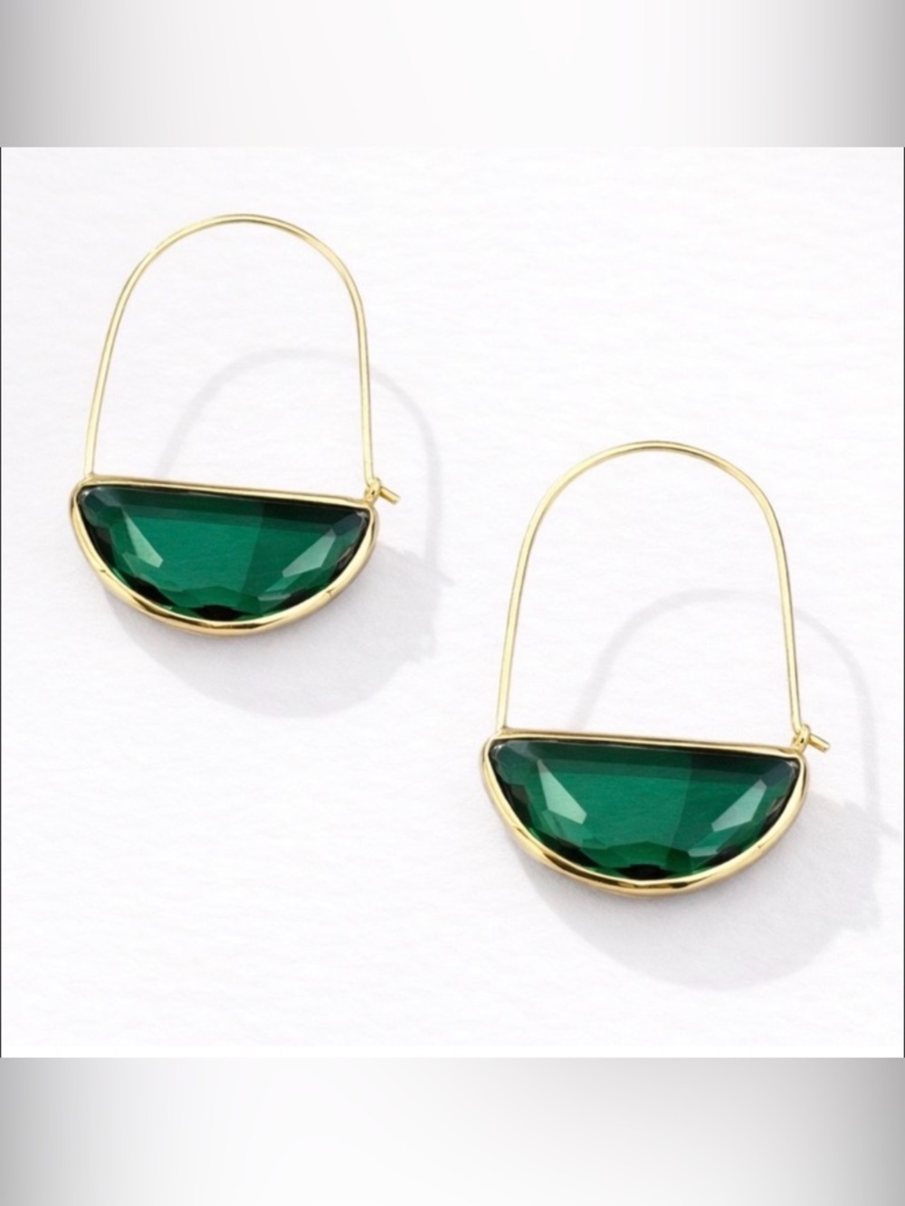 Crescent Gold and Green Glass Hoop Earrings